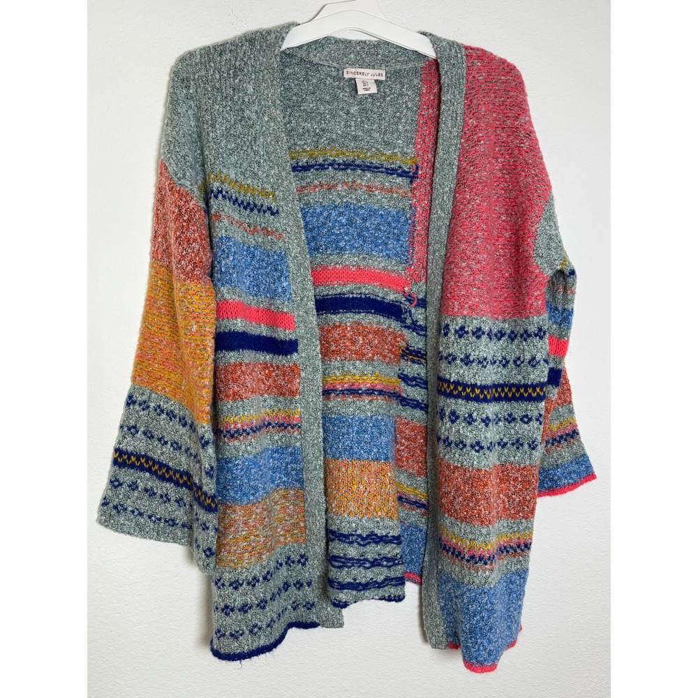 Sincerely Jules Multi Color Patchwork Knit Cardigan Sweater Womens Small Boho